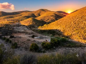 Paisaje montañoso de una finca rústica al atardecer, con terreno seco y construcciones