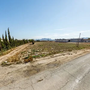 Parcela de terreno junto a un camino rural, con cipreses, naves y montañas al fondo