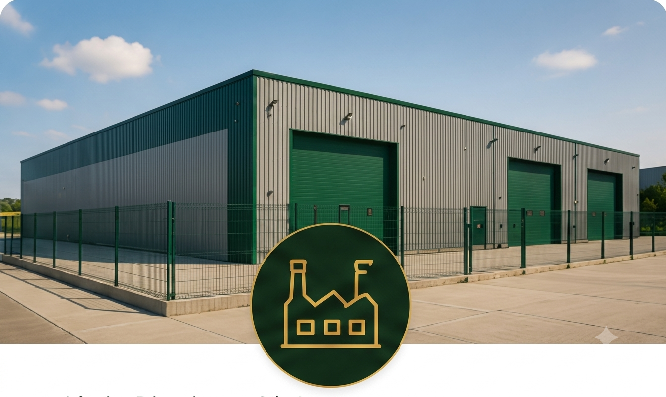 Nave industrial de fachada metálica con tres grandes puertas verdes y recinto vallado