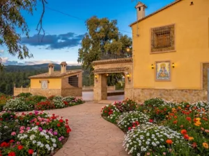 Caserío rural de fachada amarilla rodeado de jardines floridos y paisaje montañoso