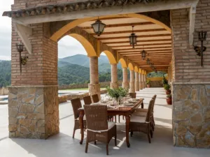 Porche cubierto de finca rústica con arcos, mesa exterior y paisaje montañoso