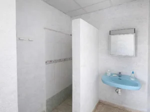 Interior de un baño con lavabo azul, espejo y zona alicatada